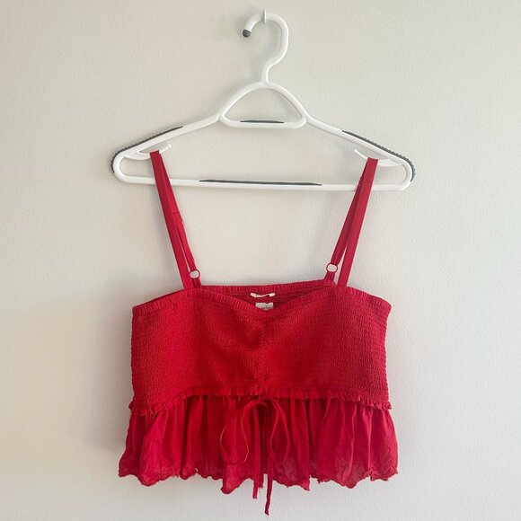Aritzia Wilfred La Boheme Dareau Red Smocked Camisole Cami Cropped Top M - Picture 3 of 6